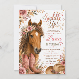 Convite Aniversário de Vaqueira com Cavalo Floral Rosa