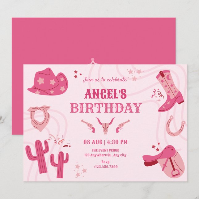 Convite Aniversário de vaquinha rosa (Frente/Verso)