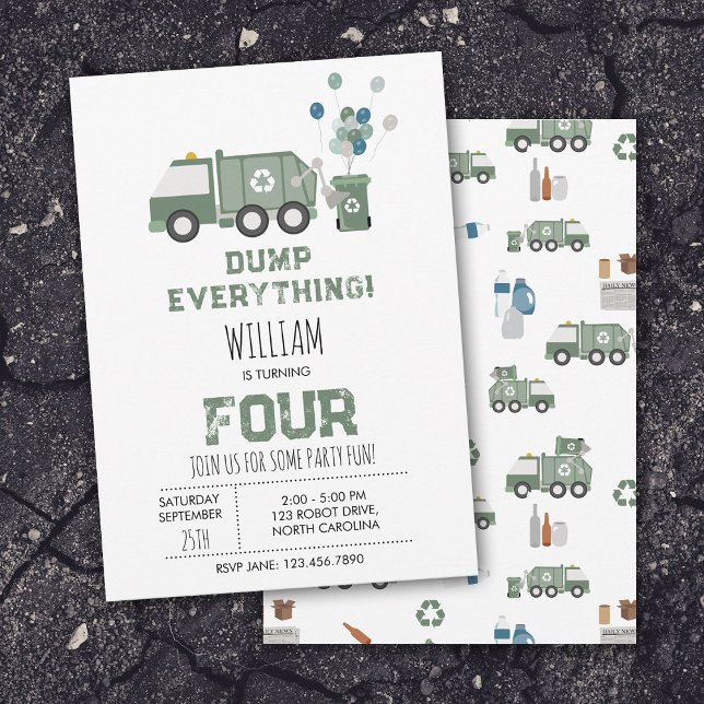 Convite Aniversário de Veículos de Caminhão de Reciclagem  (Cute Green Recycling Truck Boys Vehicles Birthday Invitation)