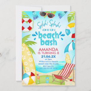 Convite Aniversário de Verão Azul Vermelho na Praia Bash