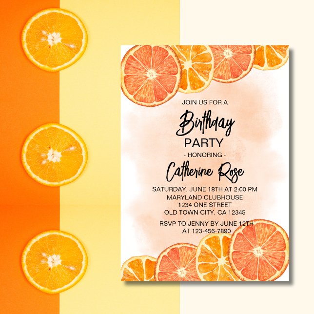 Convite Aniversário de Verão da Modern Sweet Orange Citrus (Criador carregado)