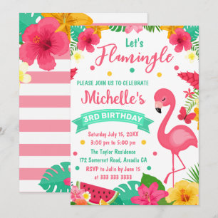 Convite Aniversário de Verão de Crianças Lindas Flamingo T