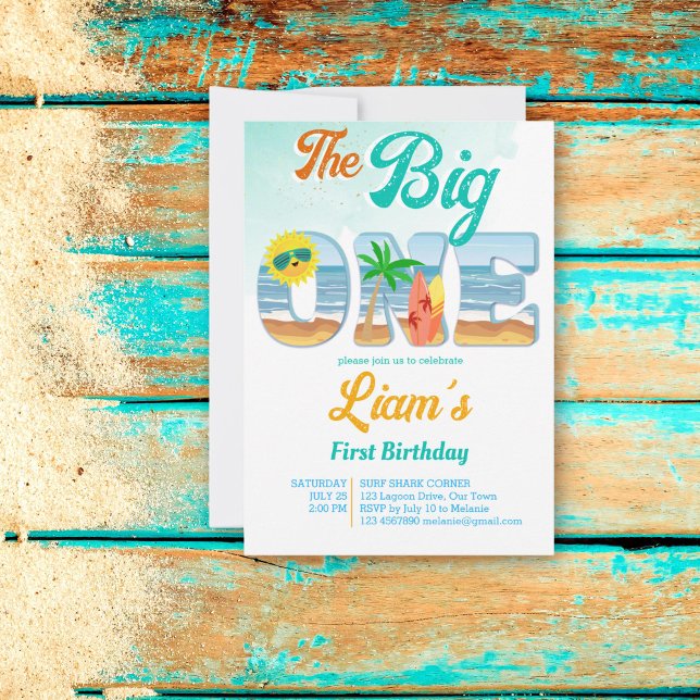 Convite aniversário de verão na praia de surfe Big One (The Big One Surfing beach first birthday party invitation template instant download surf boards sun)