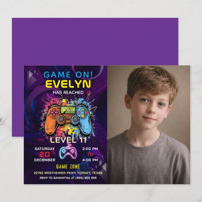 Convite Aniversário de Video Game Game On Level Up (Frente/Verso)