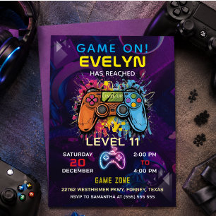 Convite Aniversário de Video Game Nível Up Game On