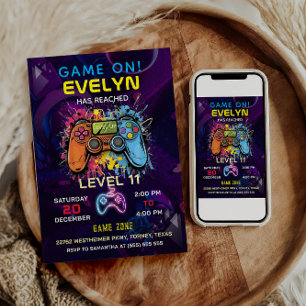 Convite Aniversário de Video Game Nível Up Game On