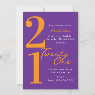 Convite Aniversário de Vinte e Um 21º Roxo Laranja Moderno