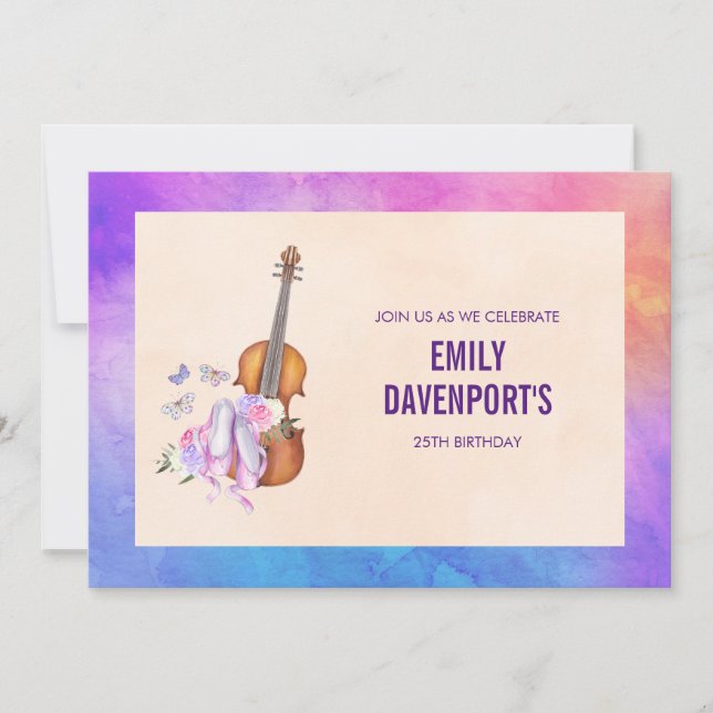 Convite Aniversário de Violino, Sapatilhas de Balé e Borbo (Frente)