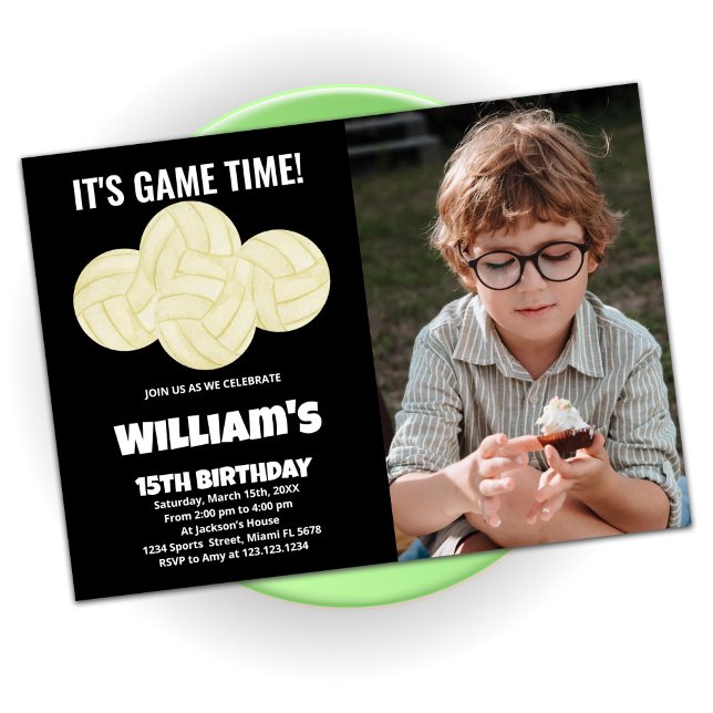 Convite Aniversário de Voleibol Negro de 4 bolas com foto (Criador carregado)