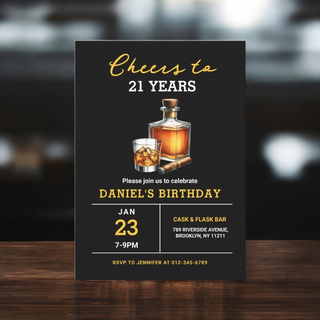 Convite Aniversário de Whiskey Charuto Bourbon 21 anos (Criador carregado)