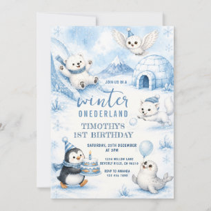 Convite Aniversário de Winter Onederland Animais Árticos