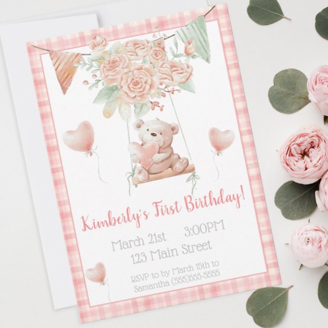 Convite Aniversário de Xadrez Rosa-Rosa-Rosa-Urso-Bonito (An adorable teddy bear birthday invitation for a little girl's birthday party.)