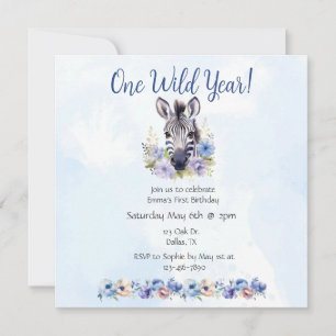 Convite Aniversário de Zebra Floral Azul