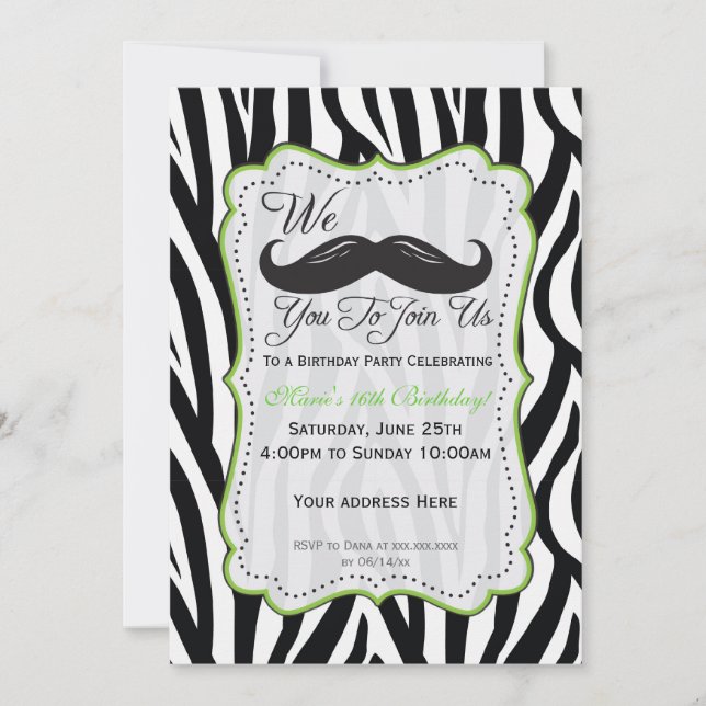 Convite Aniversário de Zebra Mustache - Preto e Verde limã (Frente)