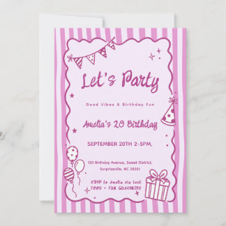 Convite Aniversário Desenho Animado Listras Rosa Festa