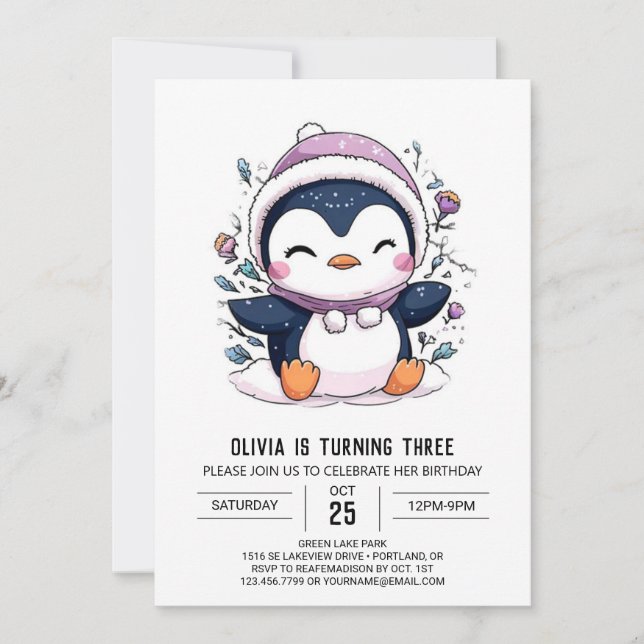 Convite Aniversário Digital Elegante Pinguin Encantador (Frente)