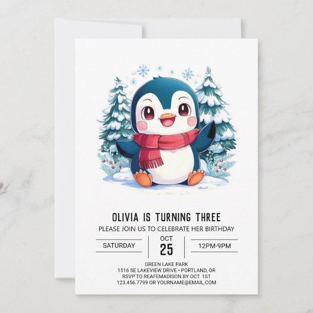 Convite Aniversário digital pinguim Bonito místico (Frente)