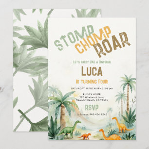 Convite Aniversário Dinossauro Selva Aquarela Verde Laranj