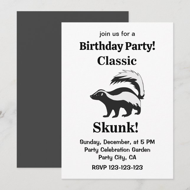 Convite Aniversário Divertido de Skunk Animal (Frente/Verso)