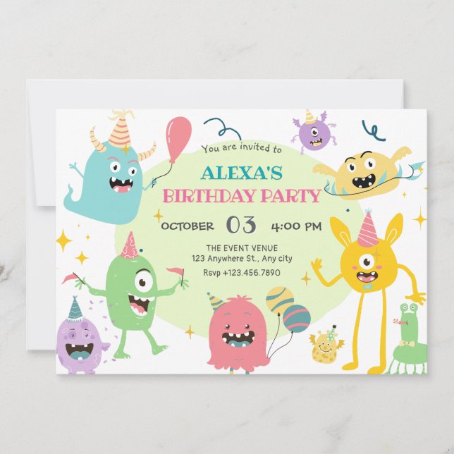 Convite Aniversário divertido e divertido da festa do mons (Frente)