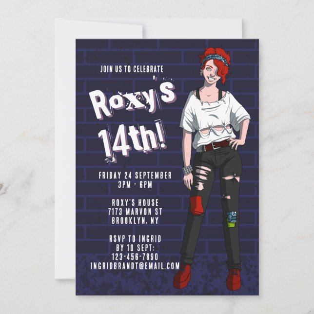 Convite Aniversário do 14 de Ilustração de Menina de Punk (Frente)