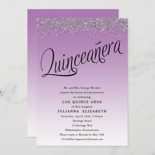 Convite Aniversário do 15 de Quinceanera Roxo e Prata (Frente/Verso)