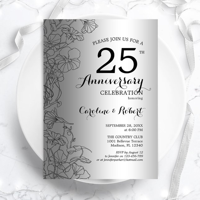 Convite Aniversário do 25 Floral Negro Silver (Criador carregado)