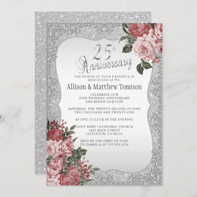 Convite Aniversário do 25 Silver Glitter | Blush Floral (Frente/Verso)