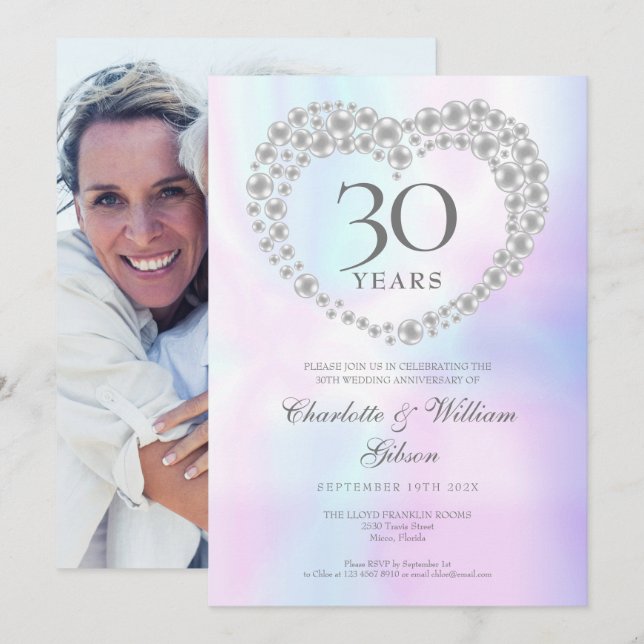 Convite Aniversário do 30 de Foto do Coração Chic Pearl (Frente/Verso)