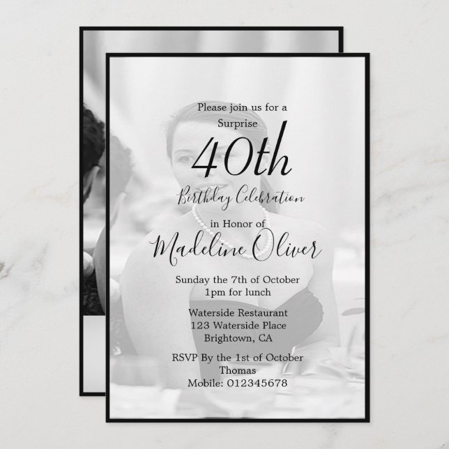 Convite Aniversário do 40th Classy Monogramas Black White (Frente/Verso)