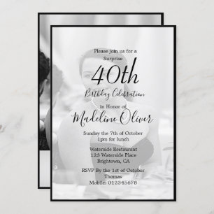 Convite Aniversário do 40th Classy Monogramas Black White 