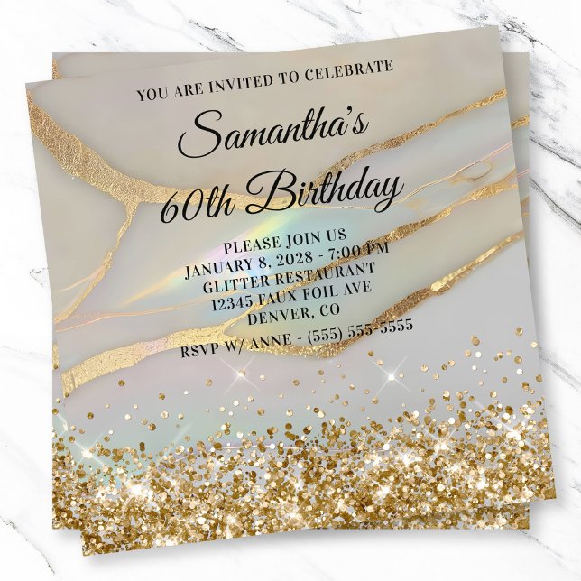 Convite Aniversário do 60º aniversário da Glittery Dourada (Glittery Gold Marbled Opal 60th Birthday Invitation)