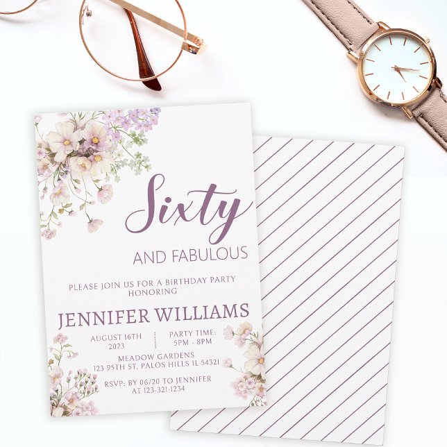Convite Aniversário do 60º sexagésimo de lavanda floral (Criador carregado)