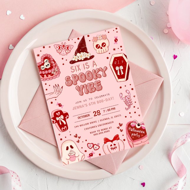 Convite Aniversário do 6 de Halloween Retro, Rosa e Vermel (Pink and Red Retro Halloween 6th Birthday Invitation - Six is a Vibe)