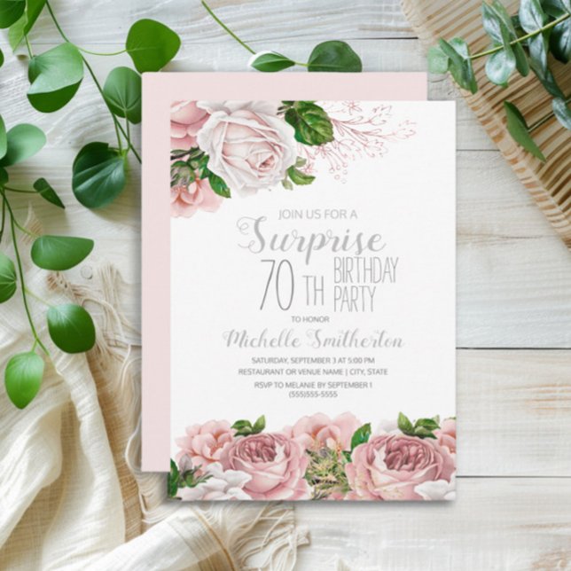 Convite Aniversário do 70 da Surpresa Floral Rosa Blush (Blush pink vintage floral surprise 70th birthday party invitation)