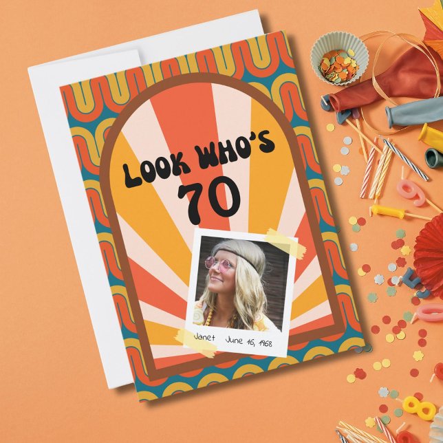 Convite Aniversário do 70 de Foto de Hippie 60 (Groovy waves and a polaroid template for a photo of the birthday celebrant! )