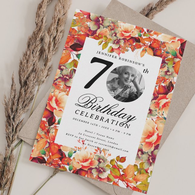 Convite Aniversário do 70 de Foto do Jardim Floral de outo (Fall Autumn Floral Garden Photo 70th Birthday Invitation)