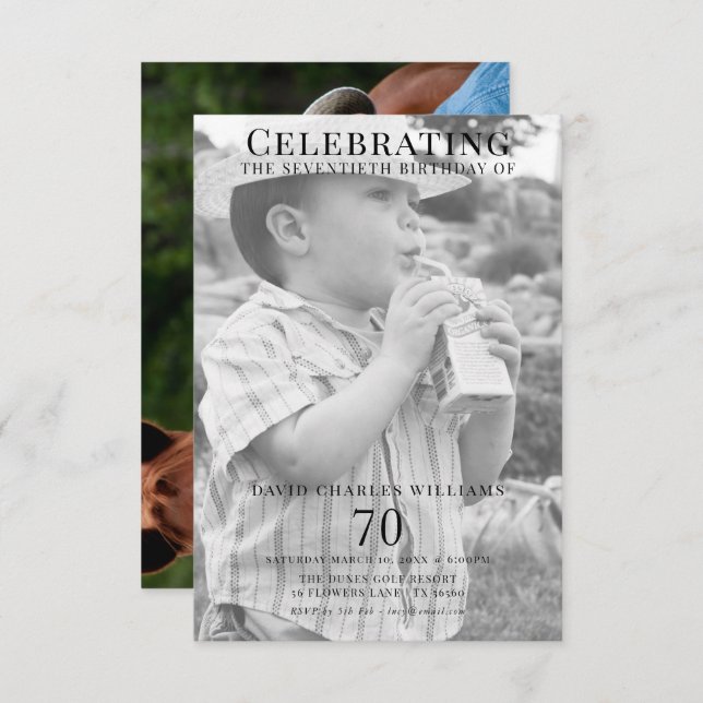 Convite Aniversário do 70 de Foto Duplo Jovem/Antigo (Frente/Verso)
