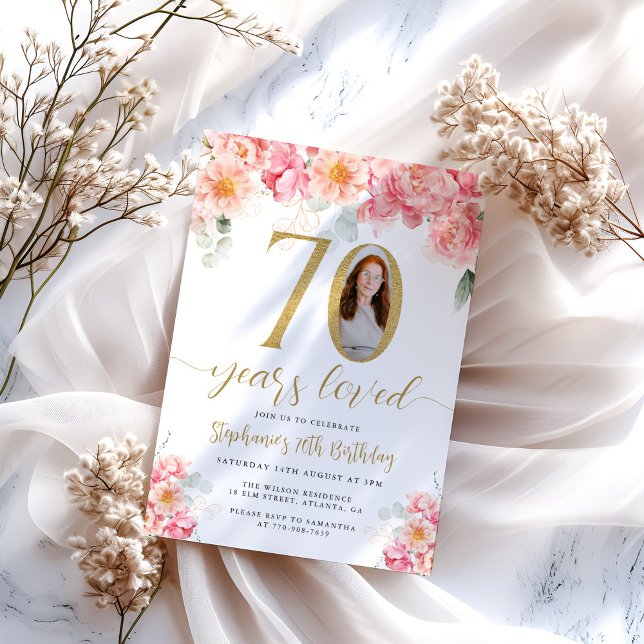 Convite Aniversário do 70 de Foto Floral Rosa e Dourada (Criador carregado)