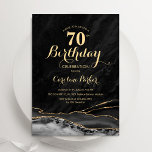 Convite Aniversário do 70 de mármore Dourado preto<br><div class="desc">Convite de aniversário de 70 preto e dourado. Elegante design moderno com aquarela agate marble geode background,  faux glitter gold e typografia script font. Trendy convida o cartão perfeito para uma comemoração de dia das mulheres na moda. Impressos convites Zazzle ou modelo de impressão digital instantânea para download.</div>