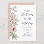 Convite Aniversário do 70 de Pêssego Floral de Aquarela<br><div class="desc">A borda esquerda deste convite de aniversário apresenta um buquê floral de cor d'água de pêssego e flores e verde. O texto personalizável combina fontes de script e sans serif em cinzas de carvão em um fundo branco. O verso apresenta uma cor sólida coordenadora. Você pode editar o texto para...</div>