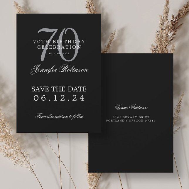 Convite Aniversário do 70 de Prata Preto Salve a Data (Silver Black 70th Birthday Save the Date Invitation)