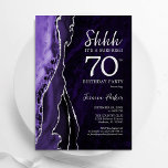 Convite Aniversário do 70 de Surpresa de Prata Roxa<br><div class="desc">Roxo e prata agam 70 convite de aniversário surpresa. Elegante design moderno com aquarela agate marble geode background,  faux glitter prata e tipografia. Trendy convida o cartão perfeito para uma comemoração de dia das mulheres na moda. Impressos convites Zazzle ou modelo de impressão digital instantânea para download.</div>