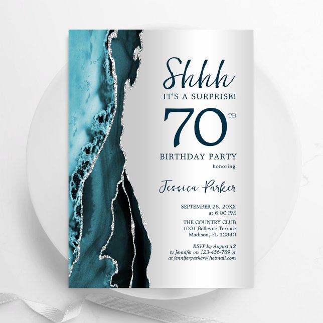 Convite Aniversário do 70 de Surpresa do Silver Teal Agate (Criador carregado)