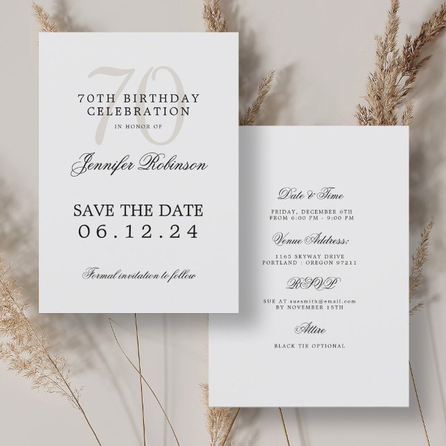 Convite Aniversário do 70 Elegante Guarde a Data com Detal (Elegant 70th Birthday Save the Date w/ Details Invitation)