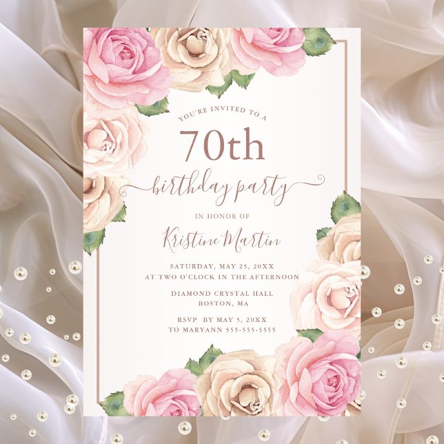 Convite Aniversário do 70 Floral de Rosa Dourada Aquarela  (70th birthday party invitation with pink roses)