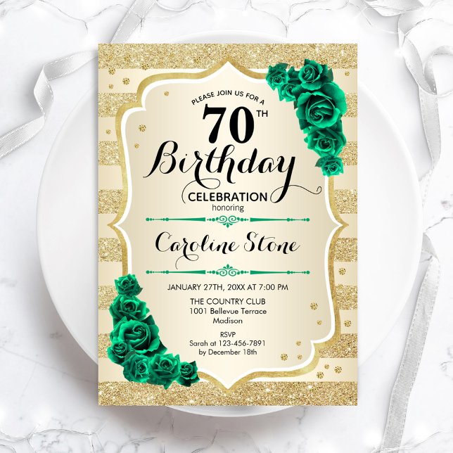Convite Aniversário do 70 Floral Elegante Verde Dourado (Criador carregado)