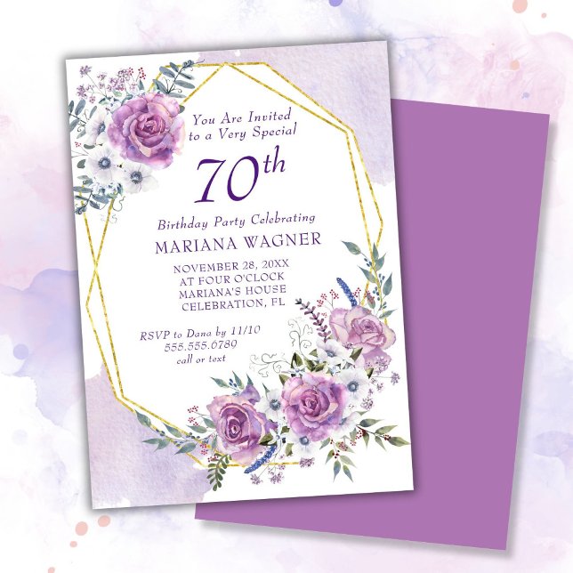 Convite Aniversário do 70 Floral Purple da Aquarela Elegan (Criador carregado)