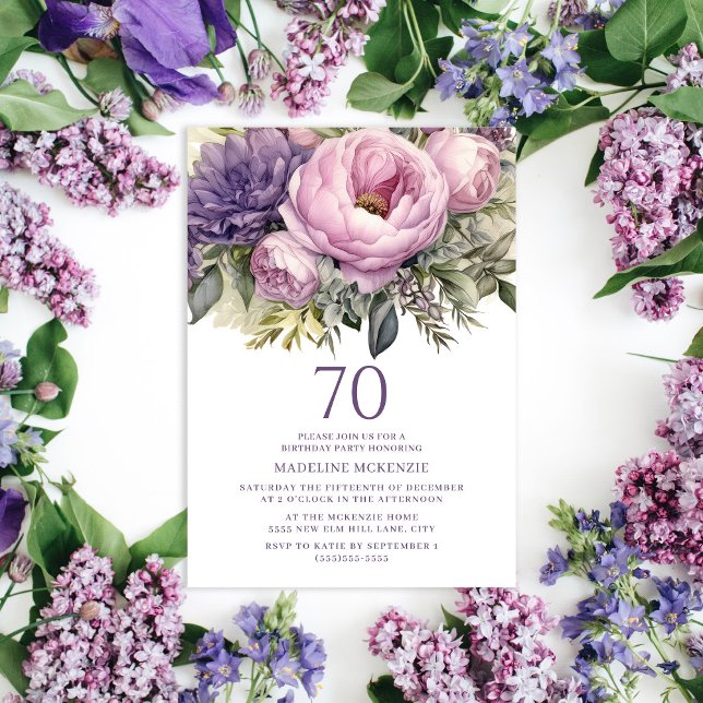 Convite Aniversário do 70 Floral Rosa-Rosa Elegante (Purple floral and greenery botanical 70th birthday party invitation for women.)