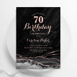 Convite Aniversário do 70 Marble Agate Dourado Rosa negro<br><div class="desc">Convite de aniversário 70 de ouro preto e rosa. Elegante design moderno com aquarela agate marble geode background, faux glitter rosa gold e typografia script font. Trendy convida o cartão perfeito para uma comemoração de dia das mulheres na moda. Impressos convites Zazzle ou modelo de impressão digital instantânea para download....</div>